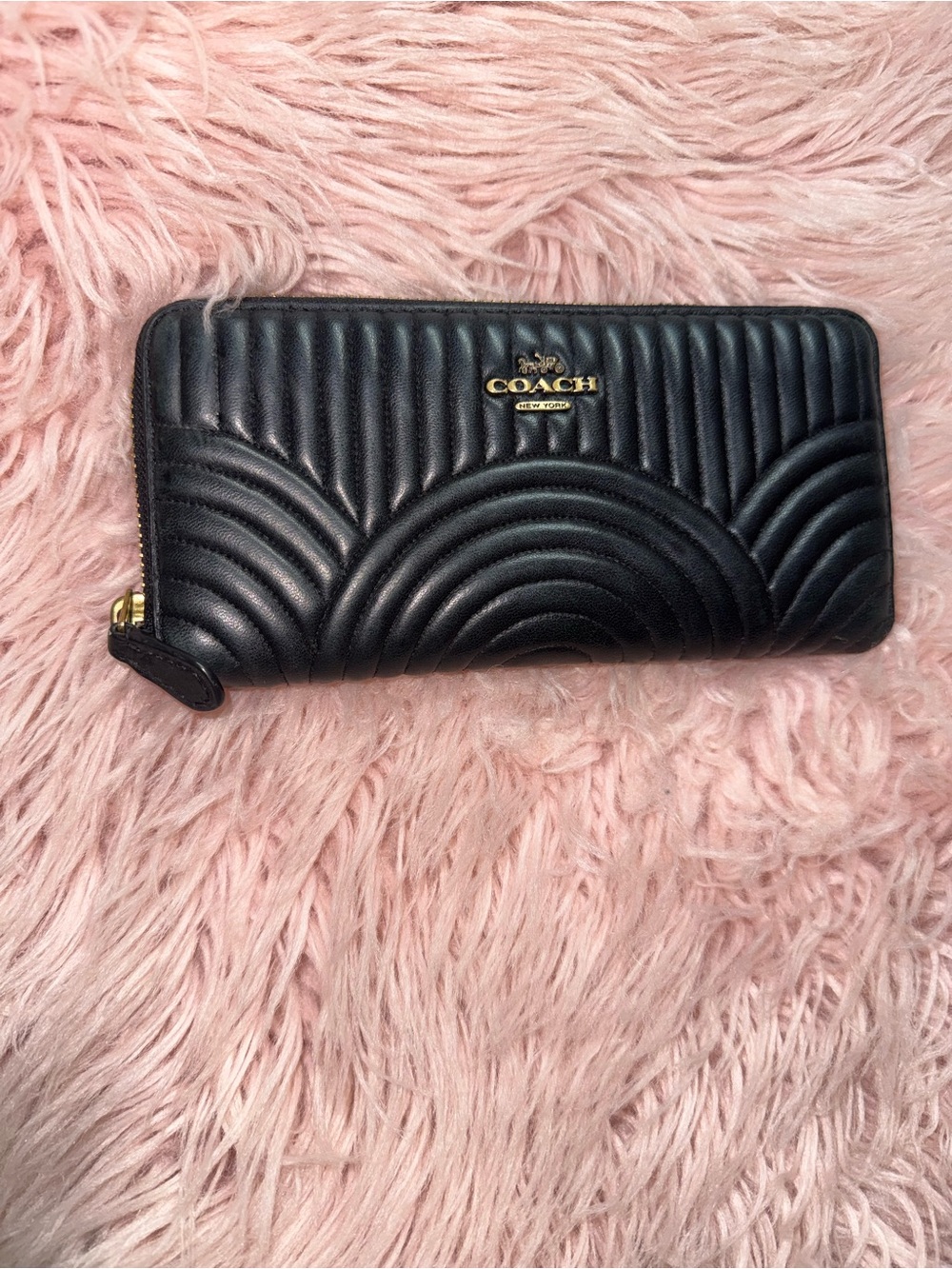 Coach Black Quilted Zip Wallet with Gold Logo